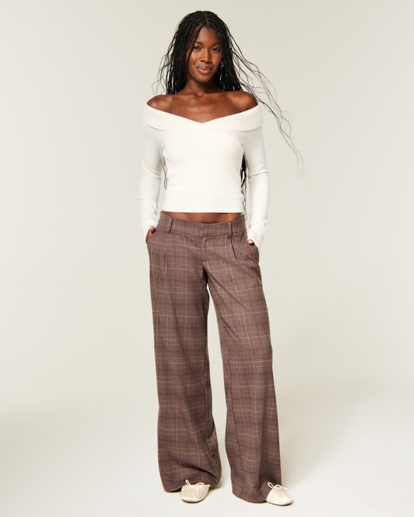 Hollister Livvy Ultra Low-Rise Pleated Super Baggy Pants, Brown Plaid view 1