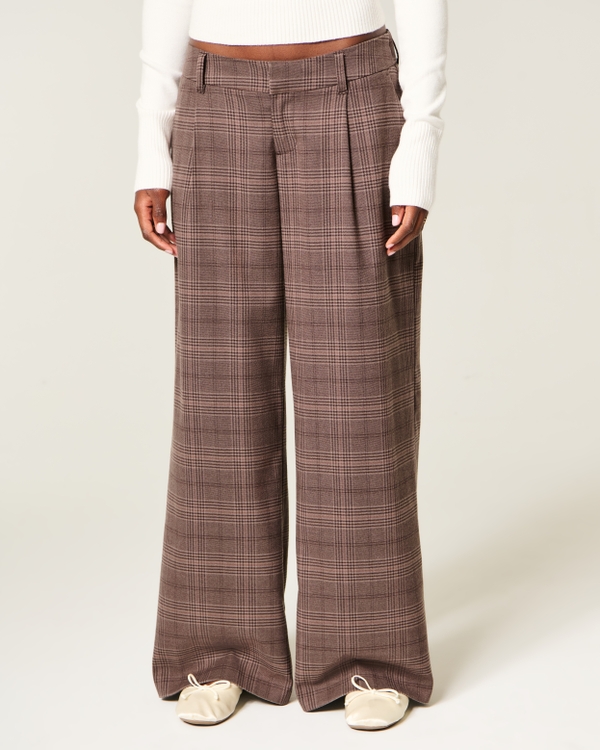 Hollister Livvy Ultra Low-Rise Pleated Super Baggy Pants, Brown Plaid view 2