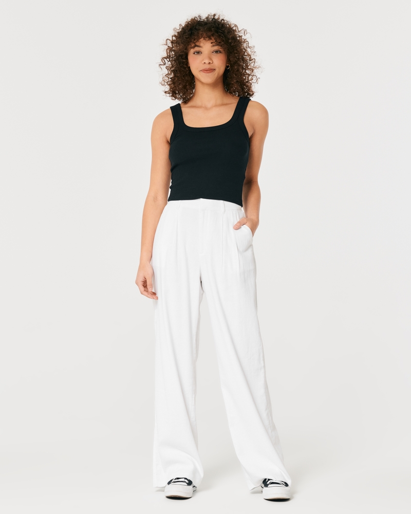 All white linen high waisted flat-front Wide leg Trousers