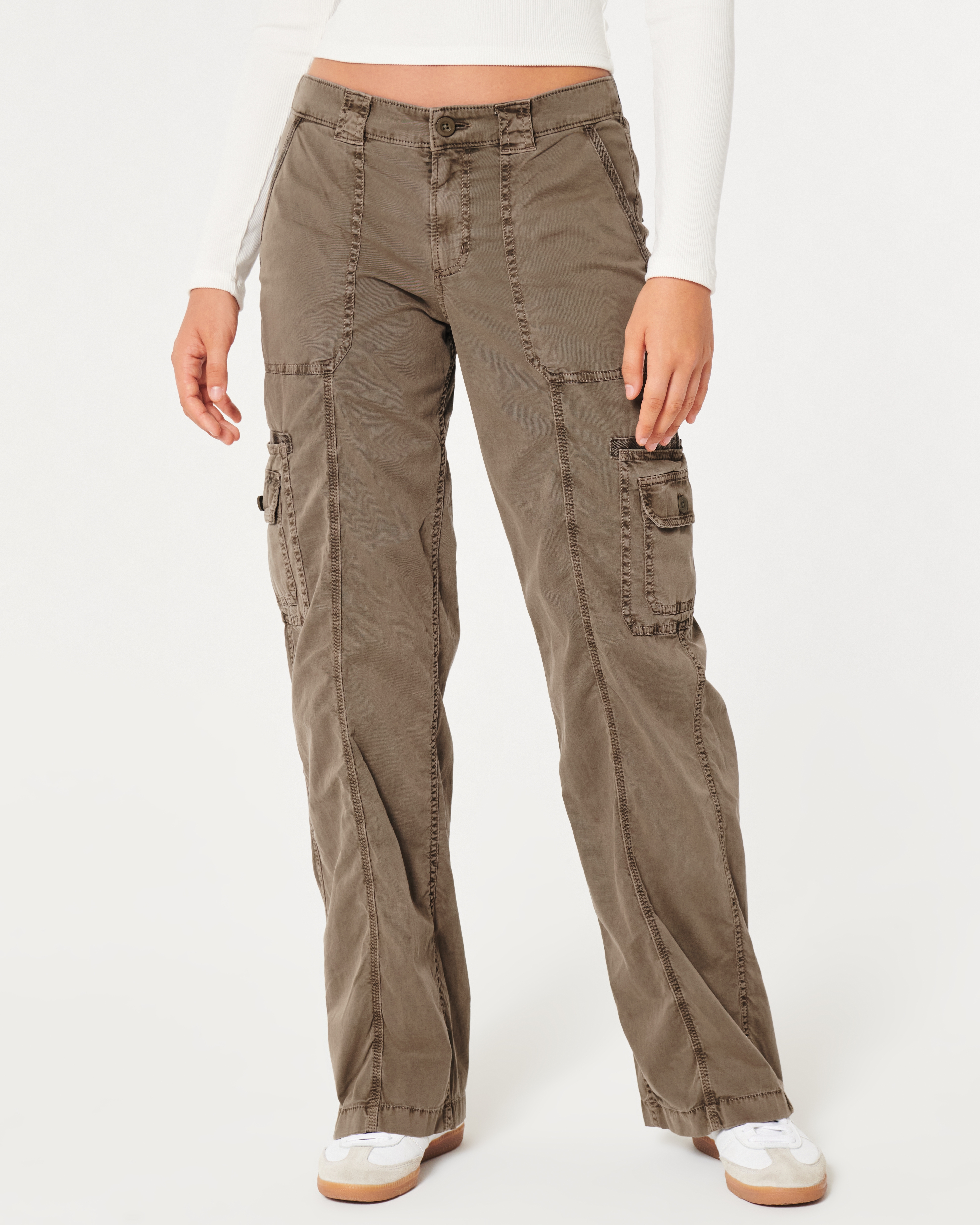 Mid Rise Loose Khaki Cargo Pants