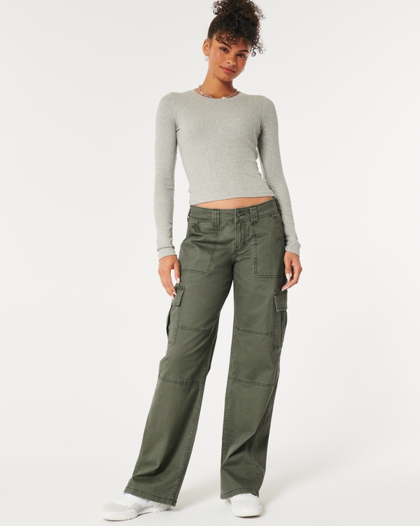 Low-Rise Baggy Cargo Pants, Olive Green