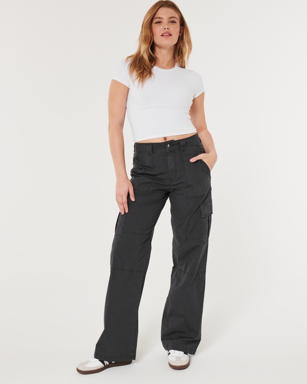 High-Rise Poplin Baggy Cargo Pants, Dark Grey