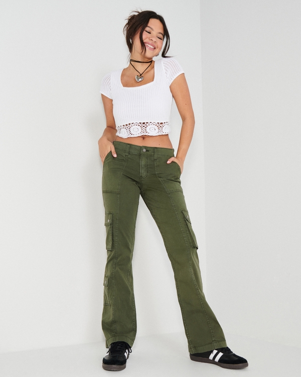 Mid-Rise Relaxed Boot Cargo Pants, Olive Green