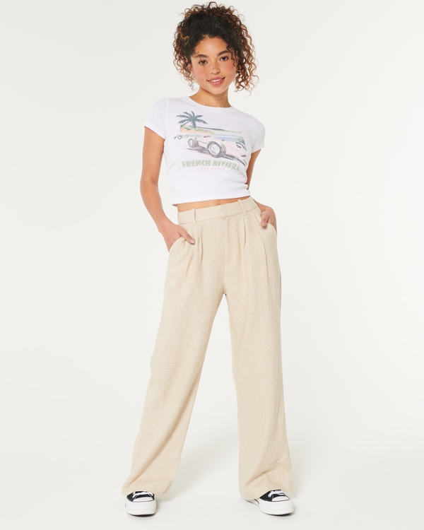 Hollister Livvy Ultra High-Rise Linen Blend Wide-Leg Pants, Cream