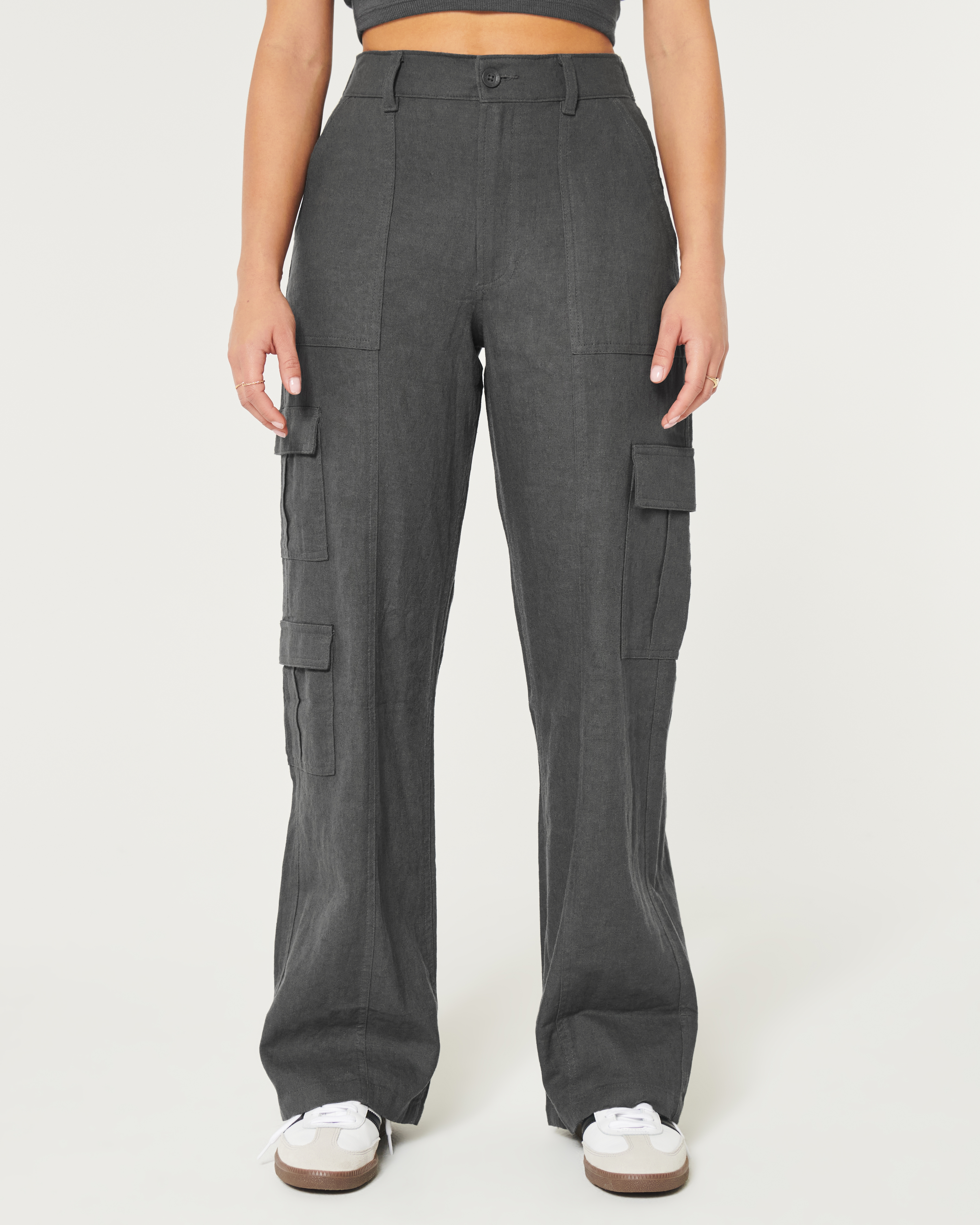 Ultra High Rise Linen Blend Baggy Cargo Pants