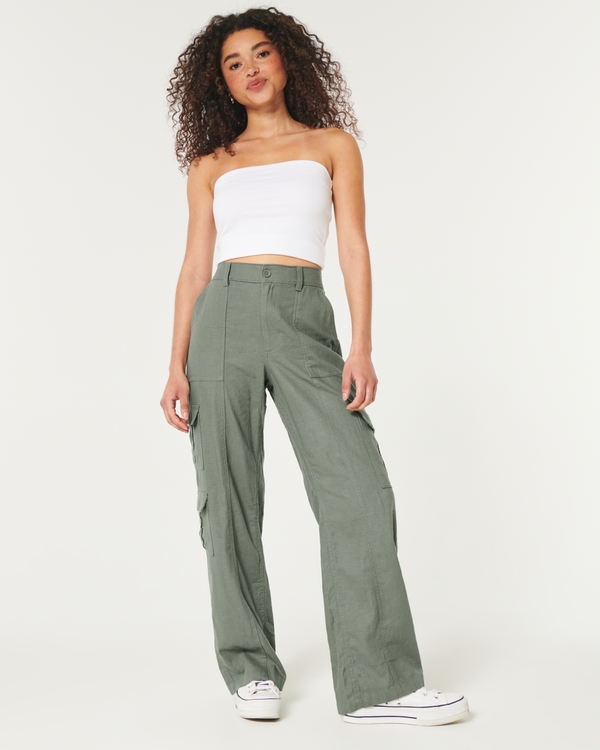 Ultra High-Rise Linen Blend Baggy Cargo Pants, Olive Green