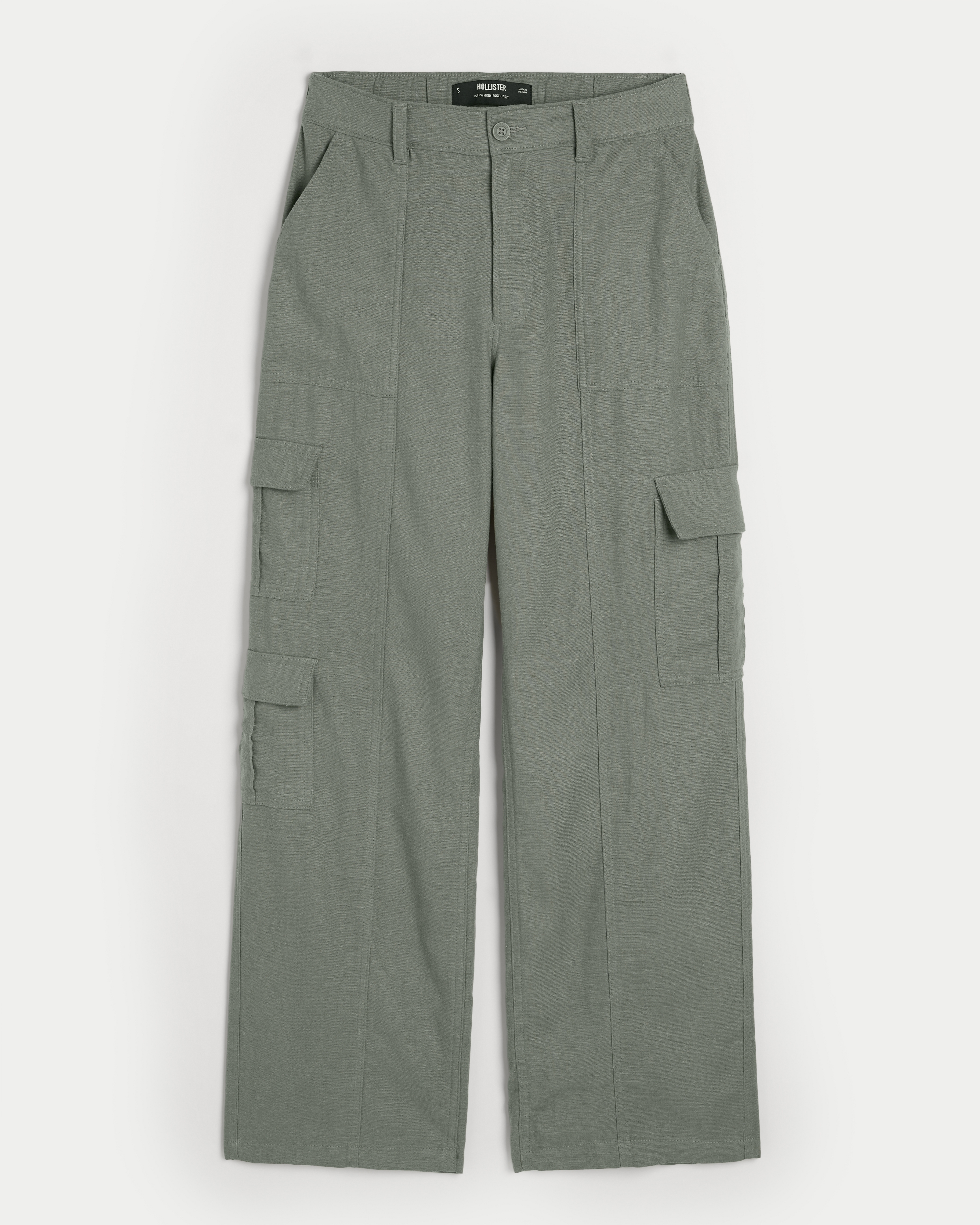 Women s Ultra High Rise Linen Blend Baggy Cargo Pants in Olive Green Size XS from Hollister