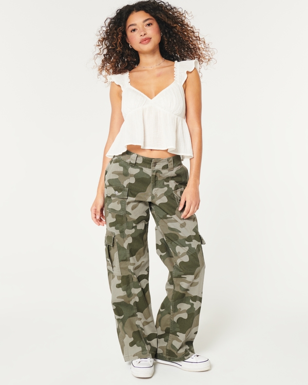 Low-Rise Camo 4-Pocket Cargo Baggy Pants, Olive Green Camo