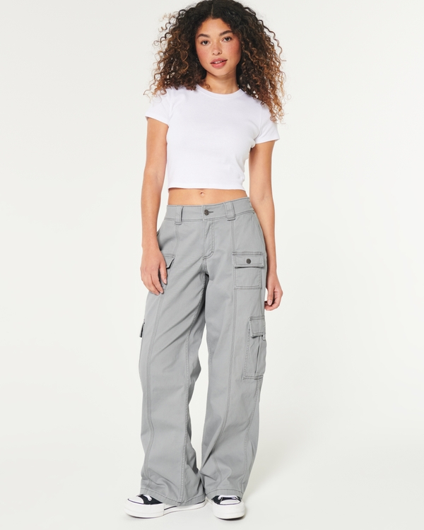 Low-Rise Baggy 4-Pocket Cargo Pants, Light Grey