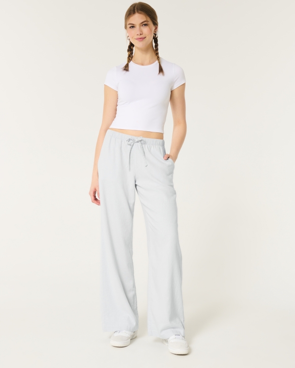 Hollister Ella Adjustable Rise Pull-On Linen-Blend Wide-Leg Pants, Light Blue