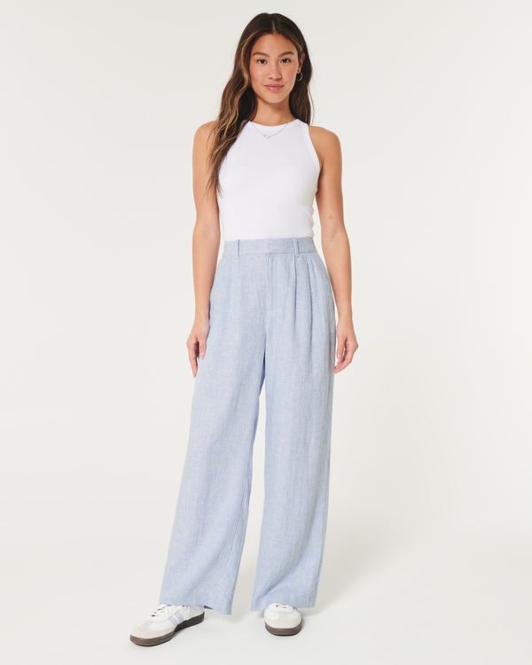 Hollister Livvy Ultra High-Rise Wide-Leg Linen Blend Pants, White Stripe