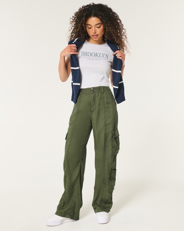 High-Rise Tencel Baggy Cargo Pants, Olive Green