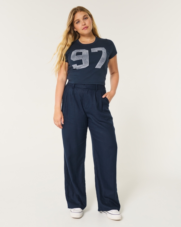 Hollister Livvy Ultra High-Rise Linen Blend Wide-Leg Pants, Navy Blue