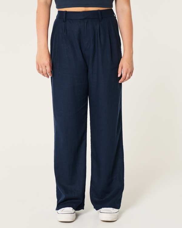 Hollister Livvy Ultra High-Rise Linen Blend Wide-Leg Pants, Navy Blue view 2