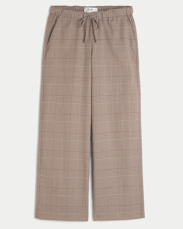 Adjustable-Rise Pull-On Wide-Leg Pants, Brown Plaid view 1