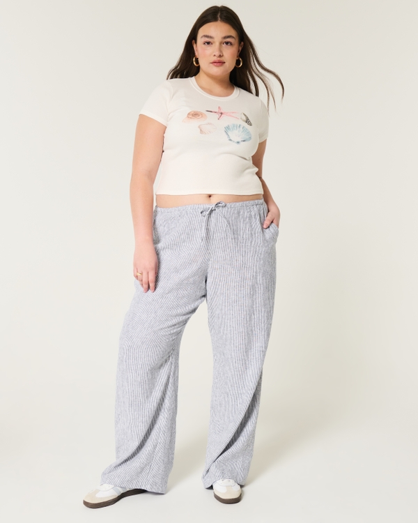 Linen-Blend Pull-On Baggy Pants, Navy Blue Stripe view 1