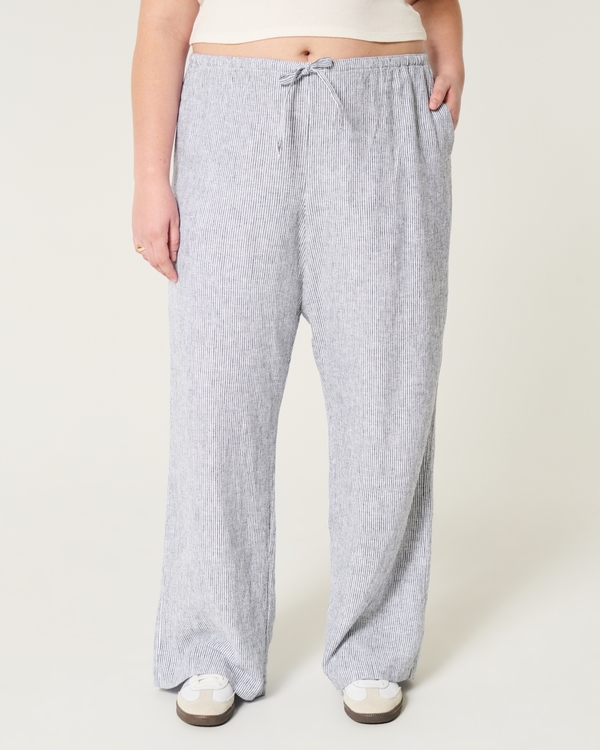 Linen-Blend Pull-On Baggy Pants, Navy Blue Stripe view 2