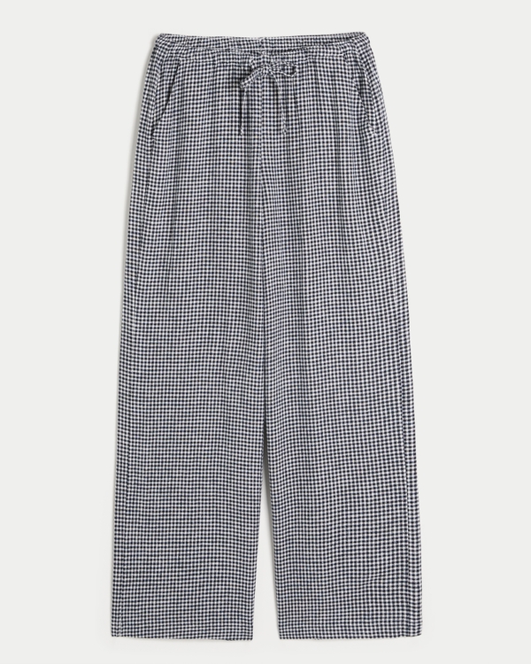 Linen-Blend Baggy Pull-On Pants, Navy Blue Check view 1