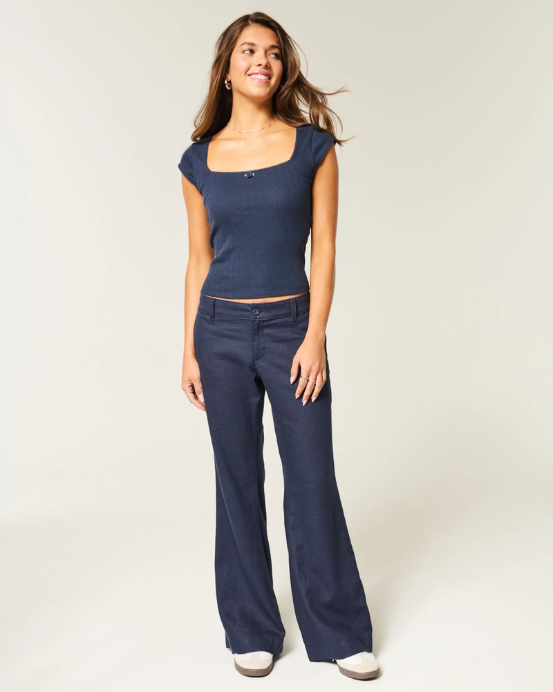 Low-Rise Linen-Blend Baggy Flare Pants