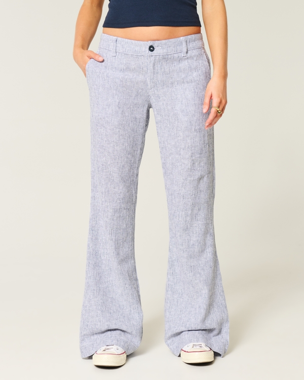 Pantalones holgados acampanados de mezcla de lino y tiro bajo, Rayas Azul Marino view 2