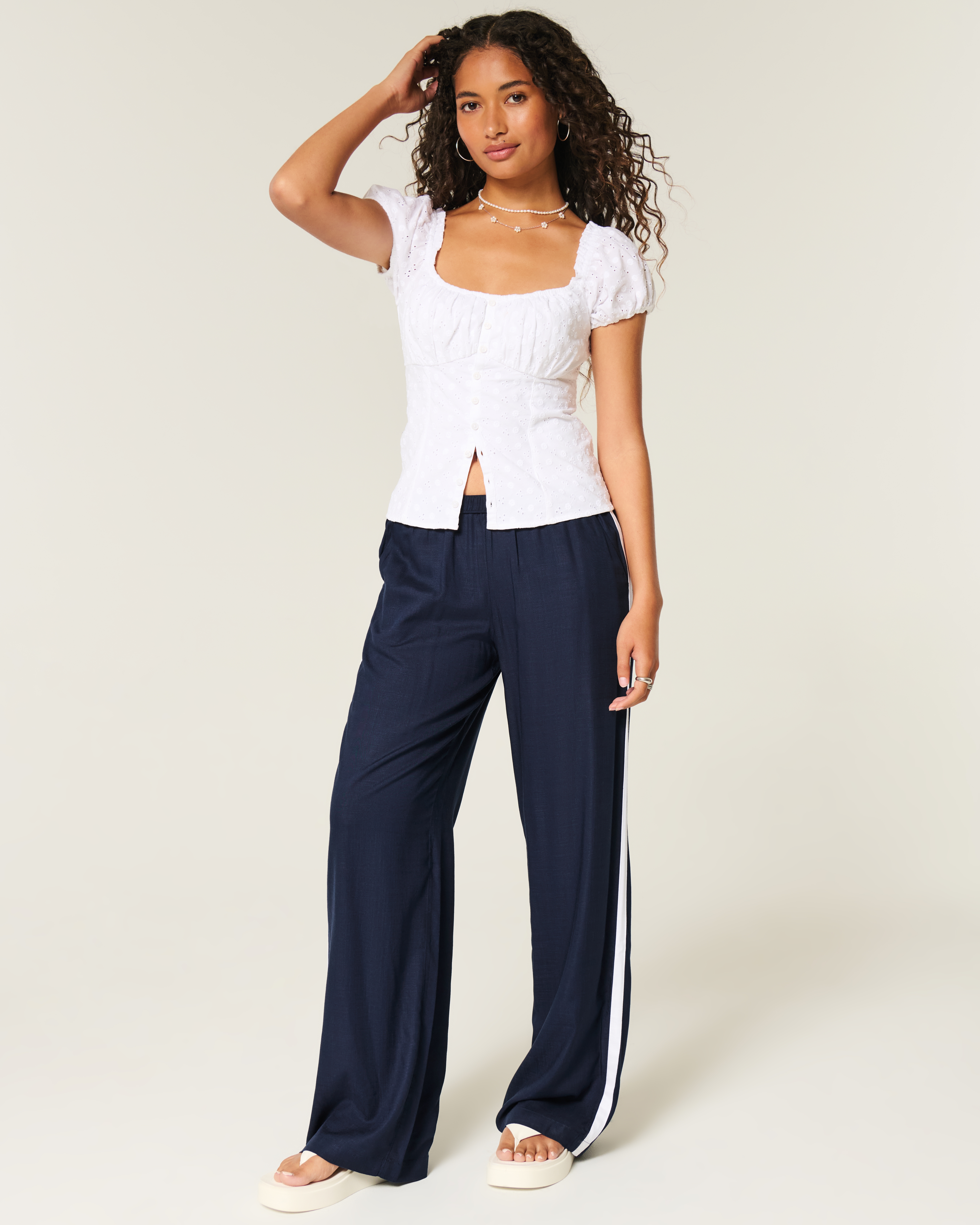 パンツ baggy stripe slacks navy normcore Women's Striped Baggy Pull-On Pants | Women's Clearance