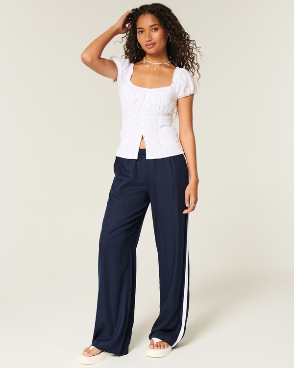 Striped Baggy Pull-On Pants, Navy Blue Stripe view 1