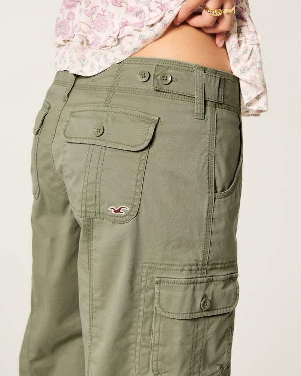 Adjustable Waist Low-Rise Baggy Cargo Pants, Olive Green view 2