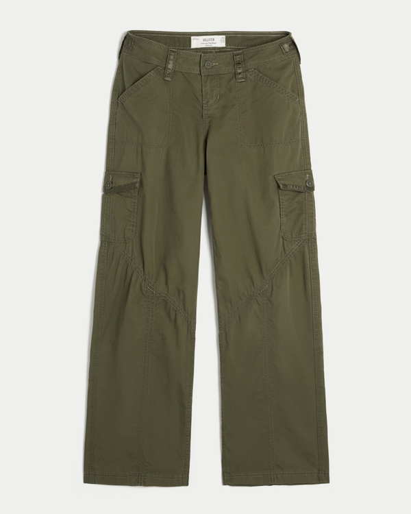 Hollister Andi Adjustable Waist Ultra Low-Rise Baggy Satin Trim Pants, Olive view 1