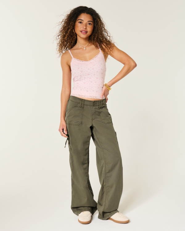 Low-Rise Lace Trim Baggy Pants, Olive view 1