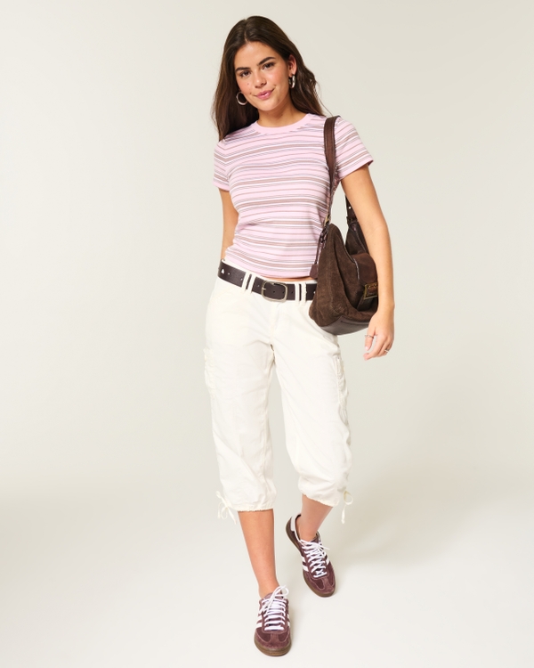 Hollister Andi Adjustable Waist Baggy Lace-Trim Capri Pants, Cloud White view 1