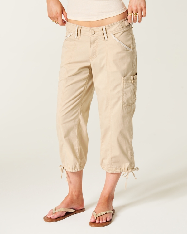 Hollister Andi Adjustable Waist Baggy Lace-Trim Capri Pants, Stone view 2