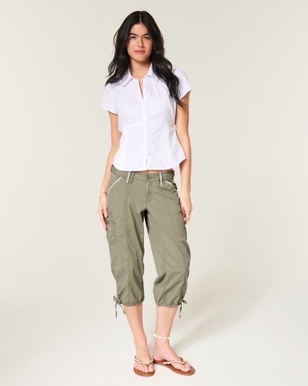 Hollister Andi Adjustable Waist Baggy Lace-Trim Capri Pants, Olive view 1