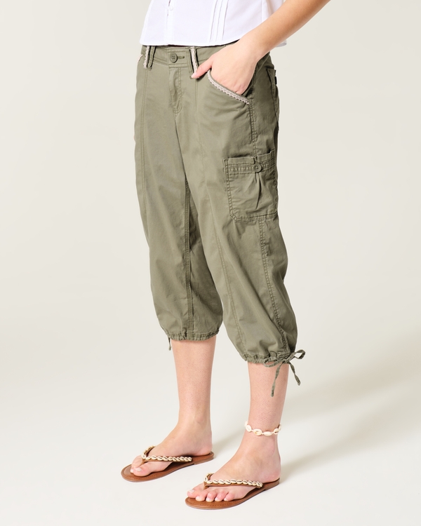 Hollister Andi Adjustable Waist Baggy Lace-Trim Capri Pants, Olive view 2