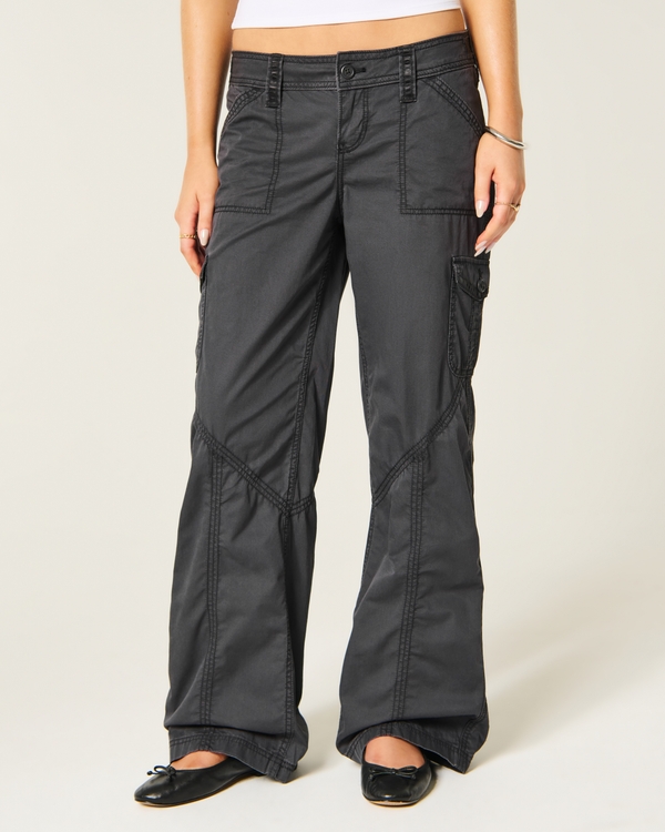 Hollister Andi Adjustable Waist Ultra Low-Rise Baggy Satin Trim Pants, Dark Grey view 2