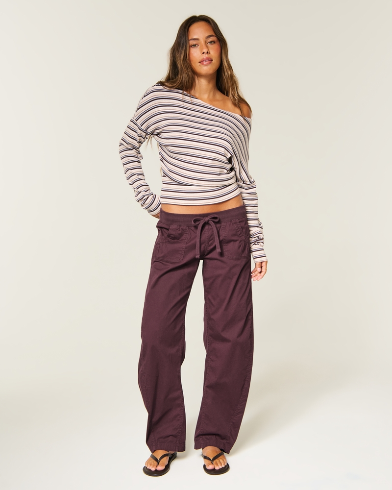 Hollister Remi Ultra Low-Rise Poplin Baggy Cinch Pants - dark brown by Hollister