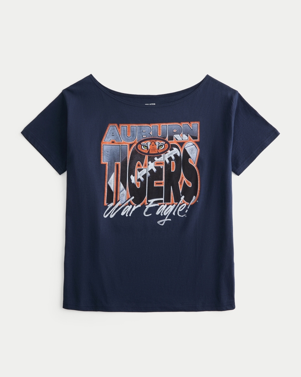 Oversized Off-the-Shoulder Auburn Tigers Graphic Tee, Navy Blue view 1