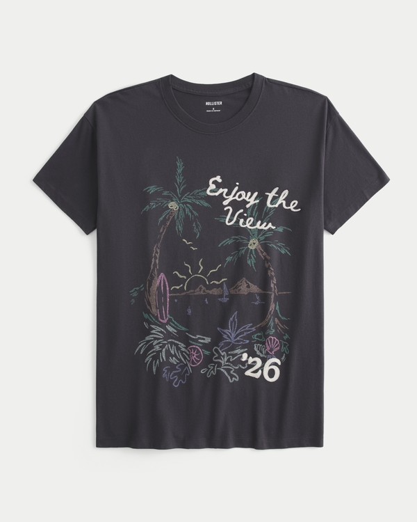 Oversized Beach Graphic Tee, Dark Grey view 1