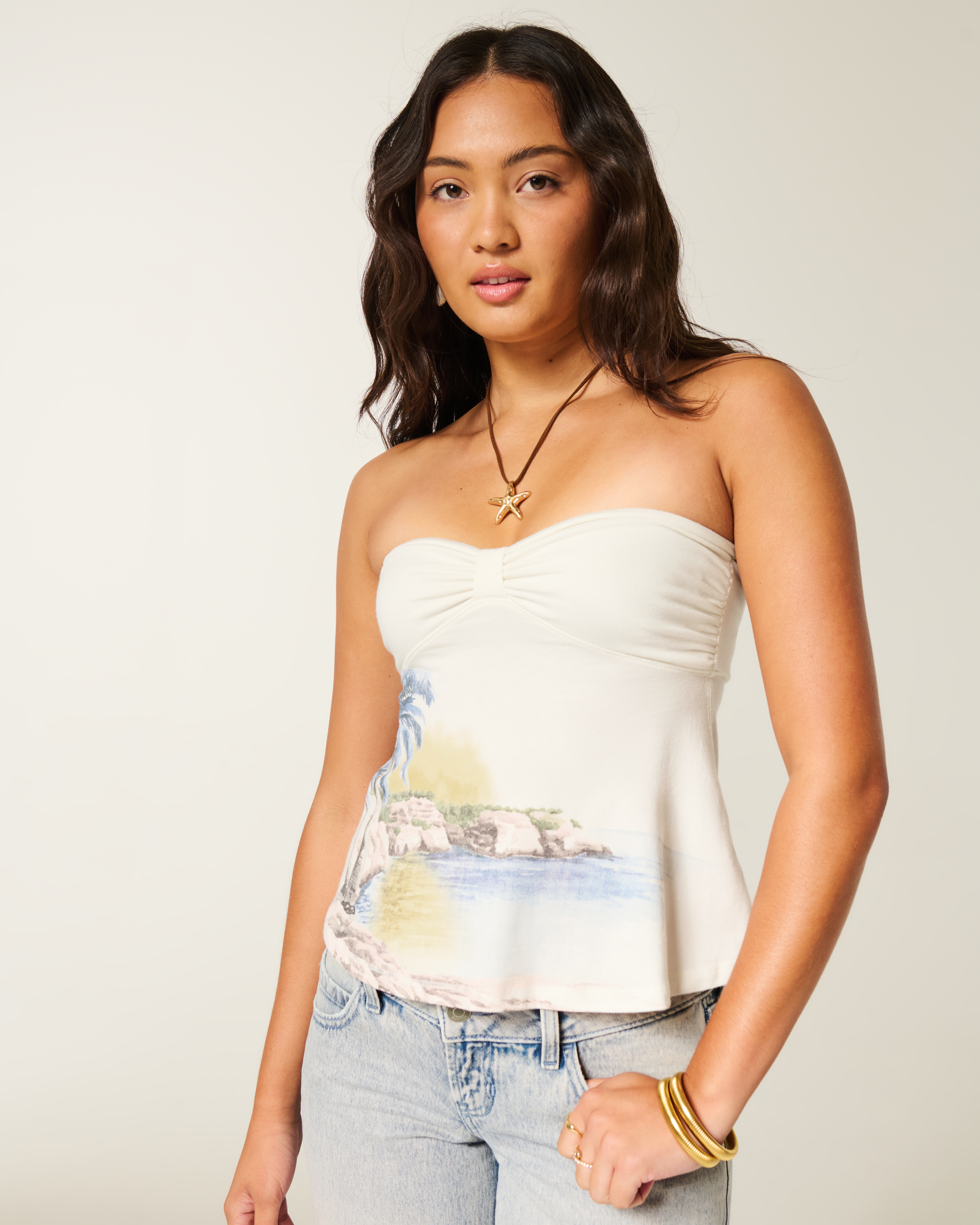 Strapless Beach Graphic Babydoll Top