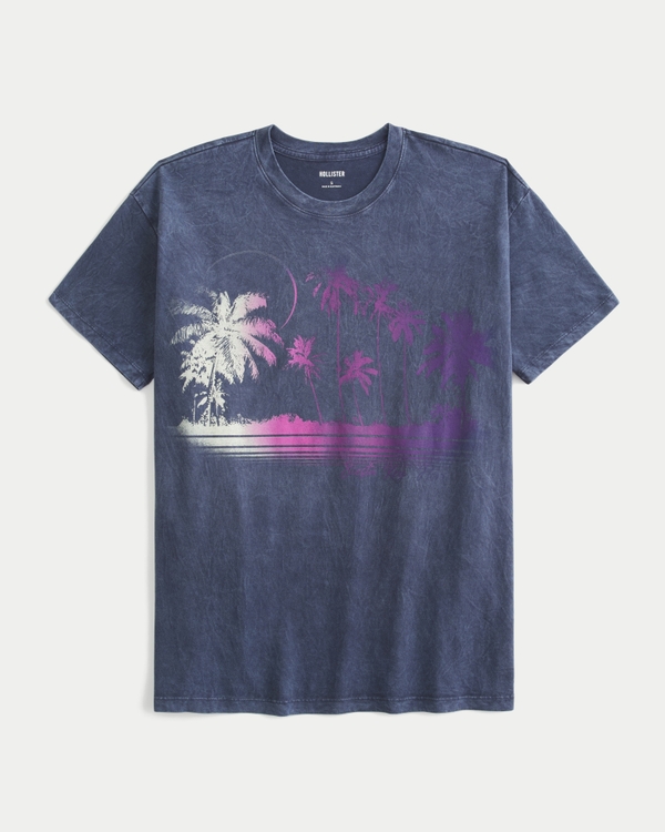 Oversized Beach Graphic Tee, Navy Blue Dye Effect view 1
