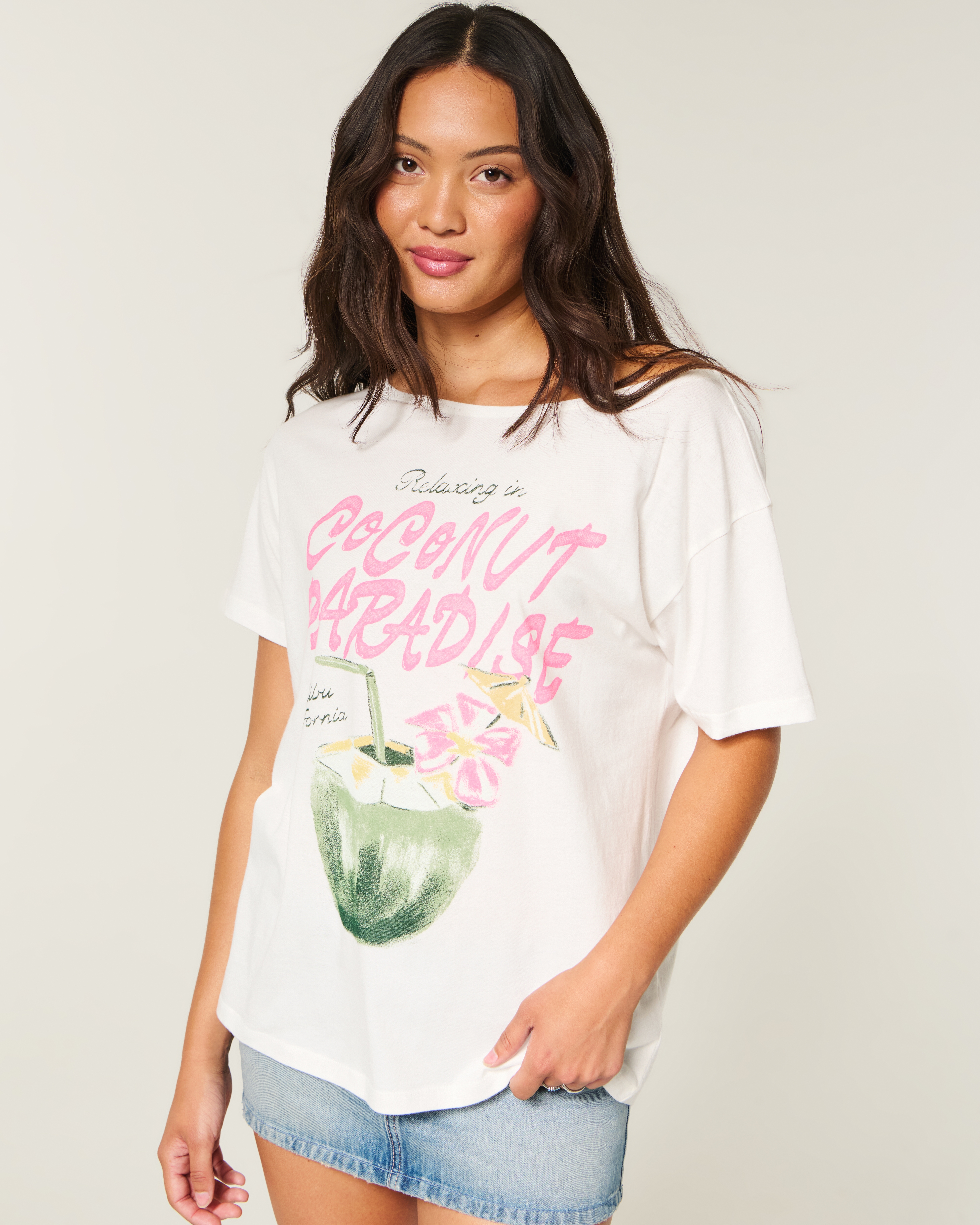 Oversized Off-the-Shoulder Coconut Paradise Graphic Tee