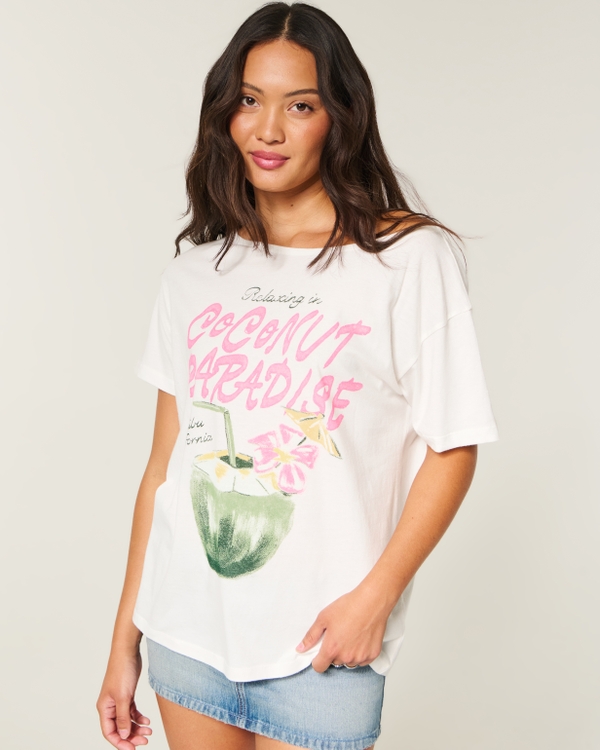 Oversized Off-the-Shoulder Coconut Paradise Graphic Tee, Cloud White view 1