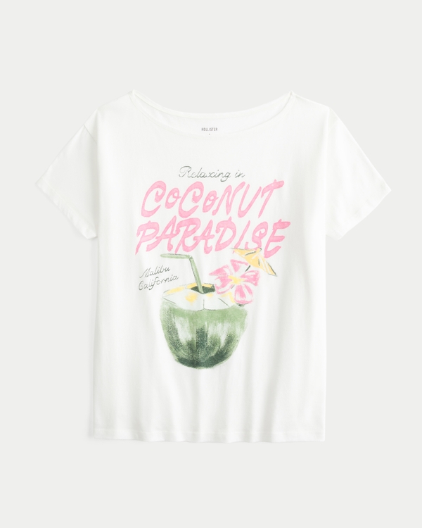 【ラスト株】T. ‘White Knigit' T'S TROPICALS Women's Oversized Off-the-Shoulder Coconut Paradise Graphic Tee