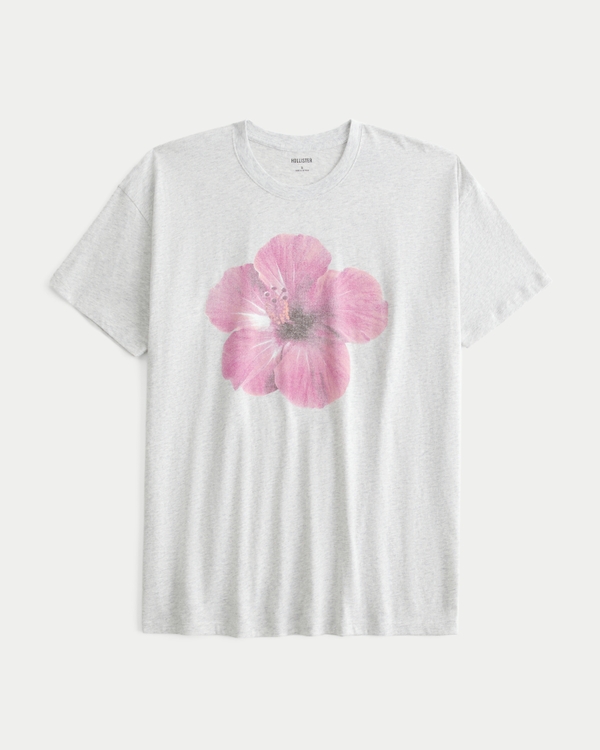 Oversized Hibiscus Graphic Tee, Light Heather Grey view 1