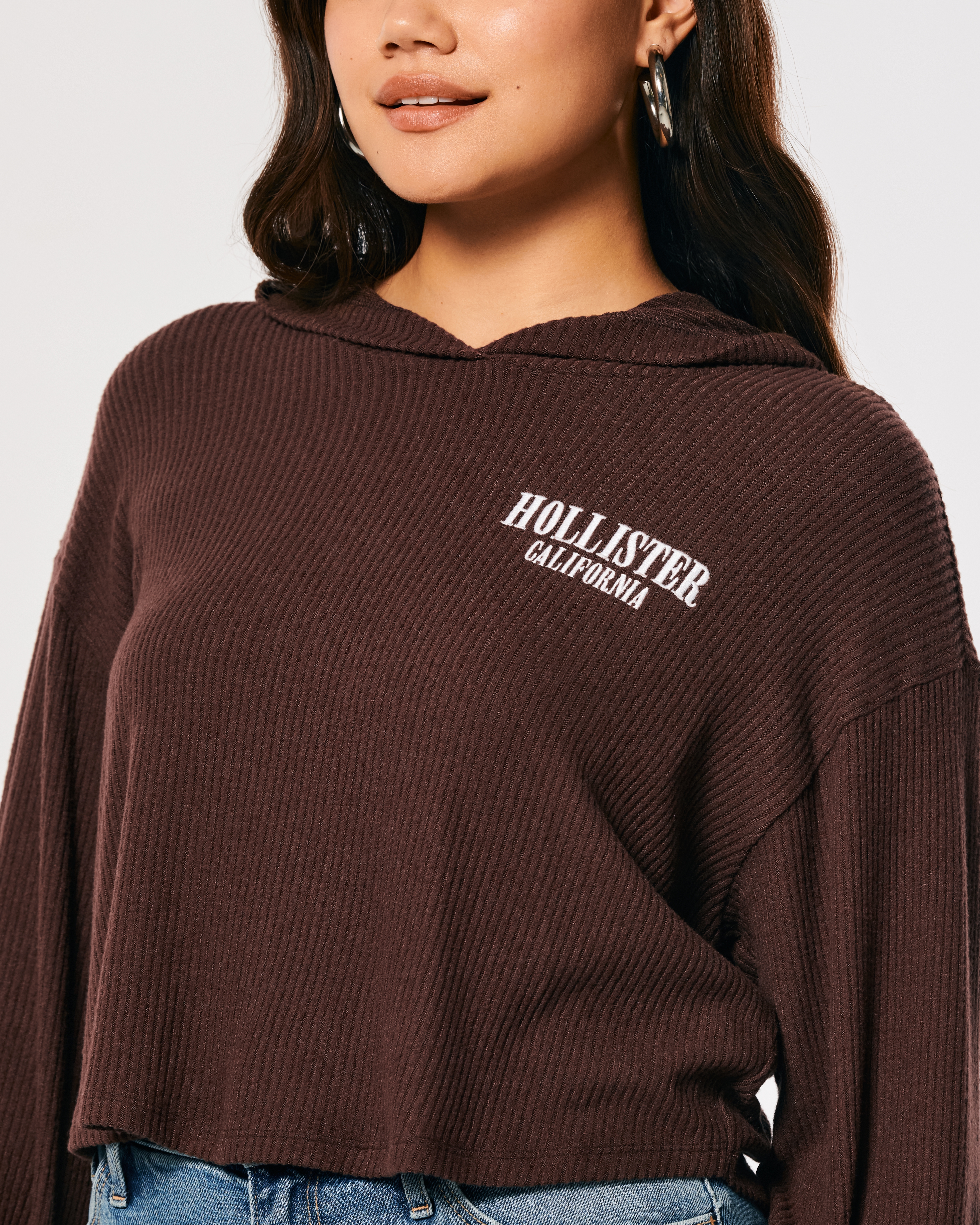 Hollister Cozy Ribbed Logo Graphic T-Shirt Hoodie