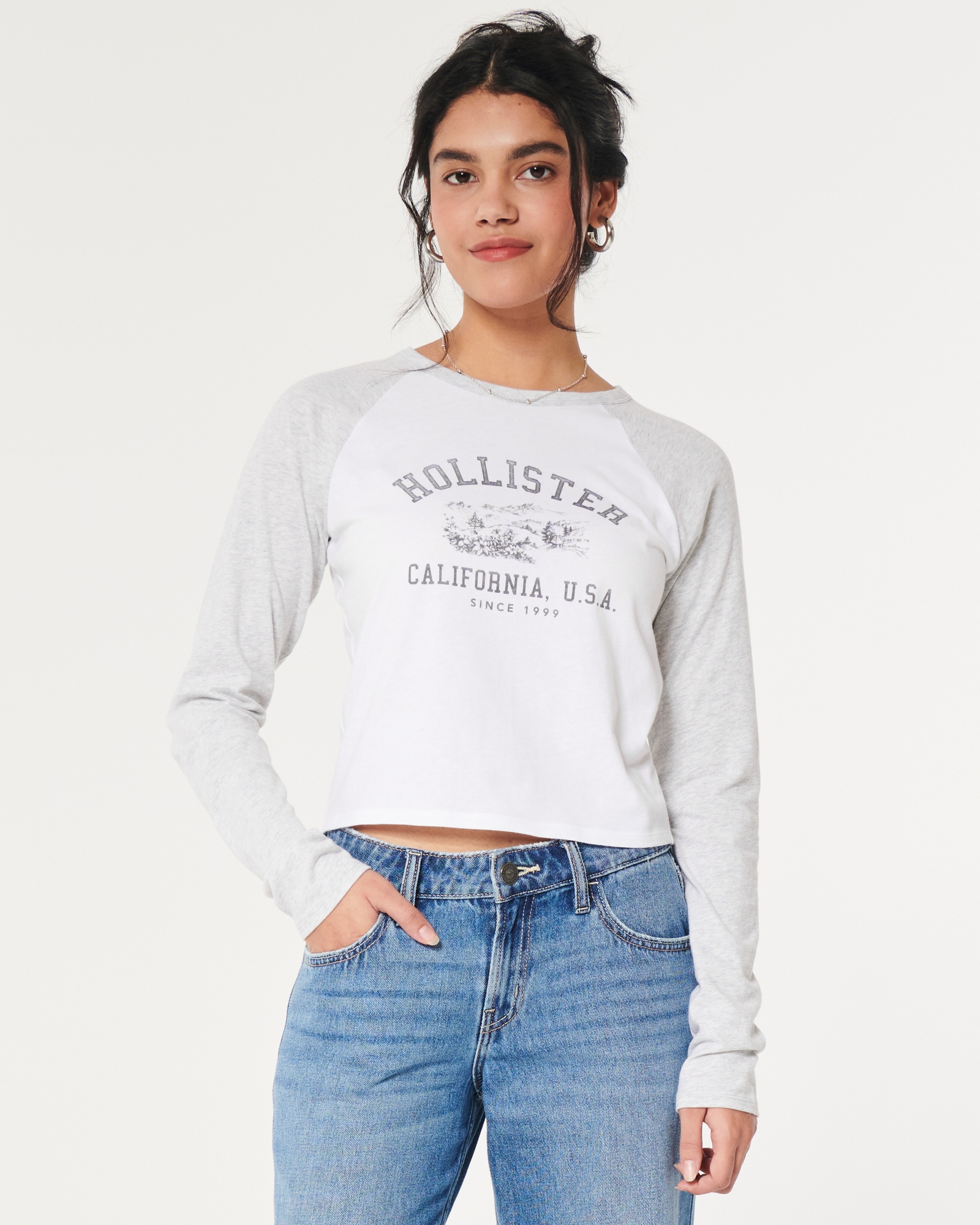 Hollister Women Top White Los Angeles Logo Graphic Long Sleeve Tee