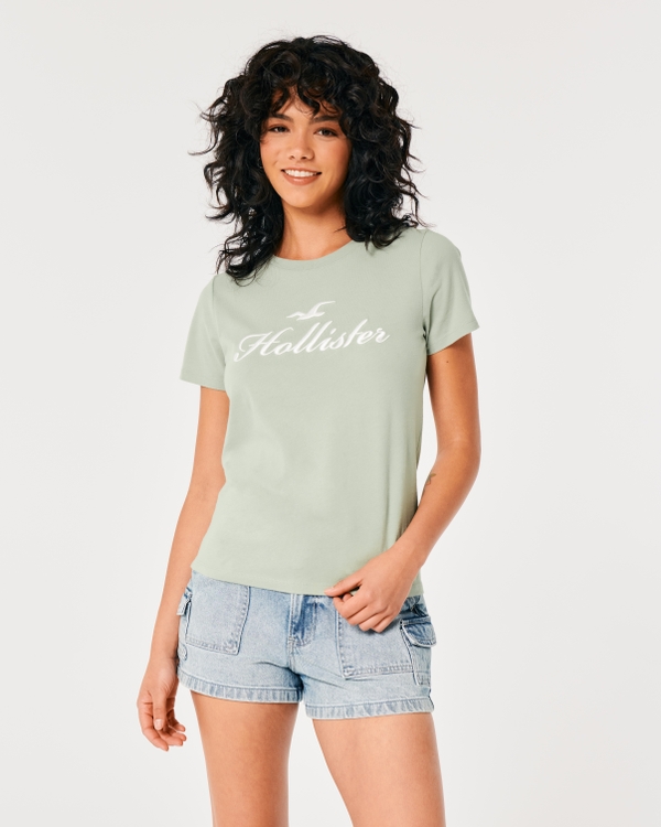 Hollister Long Sleeve Print Logo Graphic Tee Color White/Green