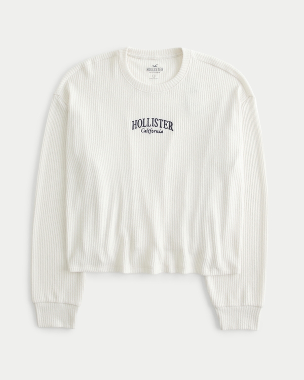 Easy Cozy Ribbed Long-Sleeve Logo Graphic Tee, Cream