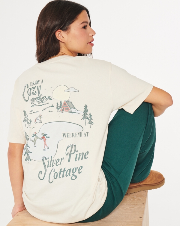 Oversized Silver Pine Cottage Graphic Tee, Cream