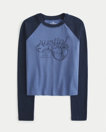 Hollister California Womens Long Sleeve Crew Neck Blue Cropped T