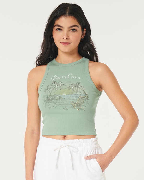 Punta Cana Graphic Ribbed High-Neck Graphic Tank, Light Green